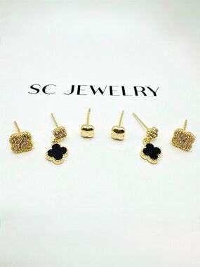 Black & Zirconia w/ Gold Clover Earrings Set 6 Pc Gold Plated